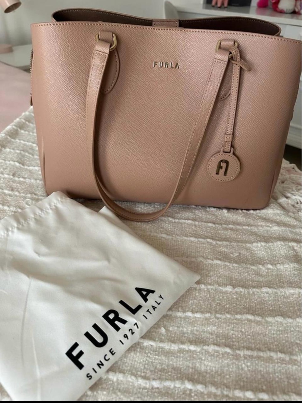 Furla Blush Pink Leather Tote with Logo Charm